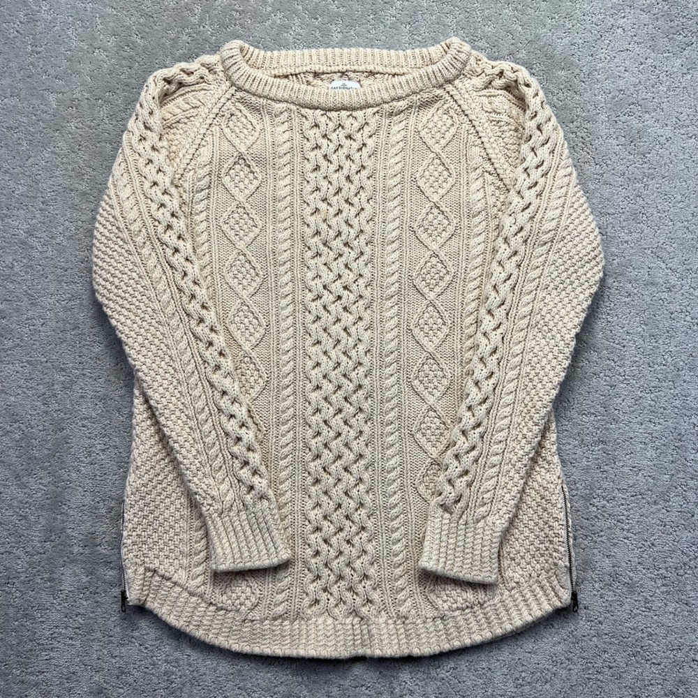 LL Bean Sweater Womens XS Cream Signature Cable Knit Cotton Side Zip Cottagecore